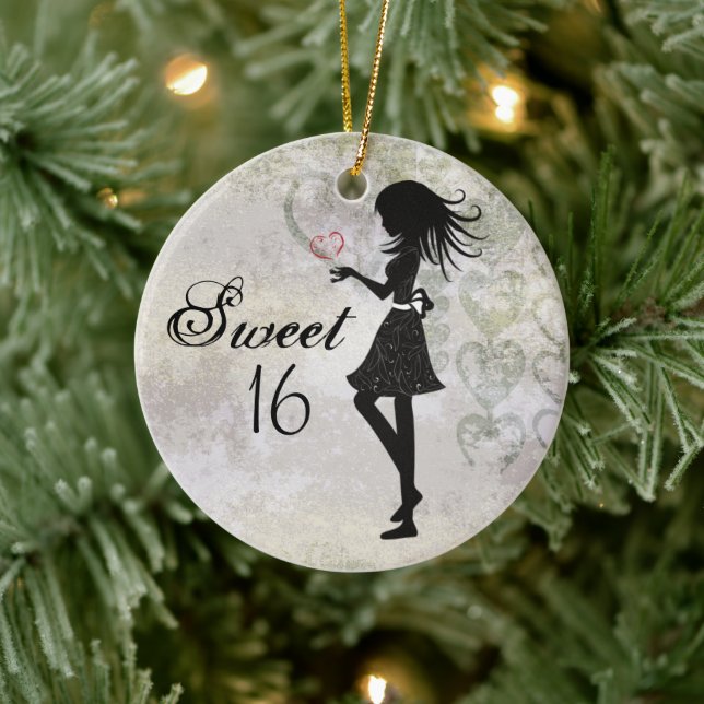 Ornement Rond En Céramique Silhouette personnalisée Fille et Coeurs doux 16 (Arbre)