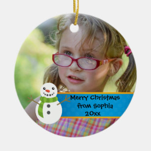 Ornement Rond En Céramique Snowman sur Blue and Red Joyeux Noël Photo