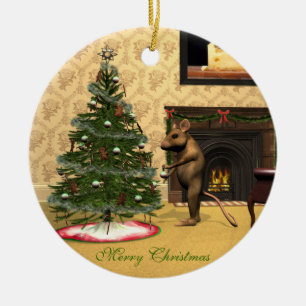 Ornement Rond En Céramique Souris mignonne décorant un arbre de Noël