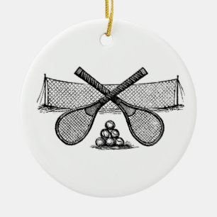 Ornement Rond En Céramique Sports Vintage Tennis Net, Crossed Racquets, Balls