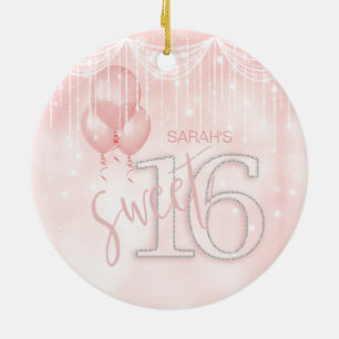 Ornement Rond En Céramique String Lights & Balloons Sweet 16 Rose Gold ID473