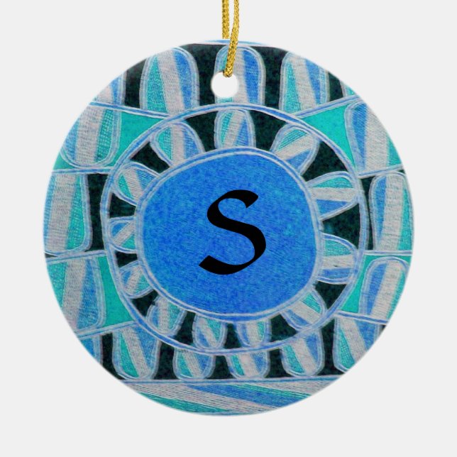 Ornement Rond En Céramique SUN SOLAIRE ÉNERGIE MONOGRAMME Turquoise Aqua Blue (Devant)