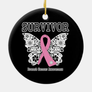 Ornement Rond En Céramique SURVIVEUR - Papillon du cancer du sein