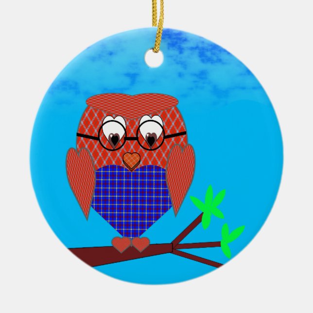 Ornement Rond En Céramique Tartan et Chouette des Coeurs (Devant)