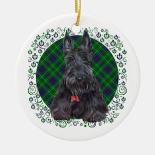 Ornement Rond En Céramique Terrier Écossais sur Tartan