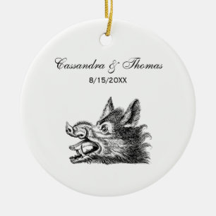 Ornement Rond En Céramique Tête vintage de sanglier Dessin BW