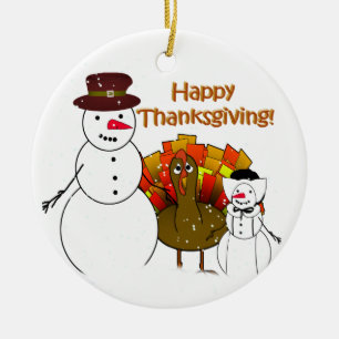 Ornement Rond En Céramique Thankesgiving Snowmen