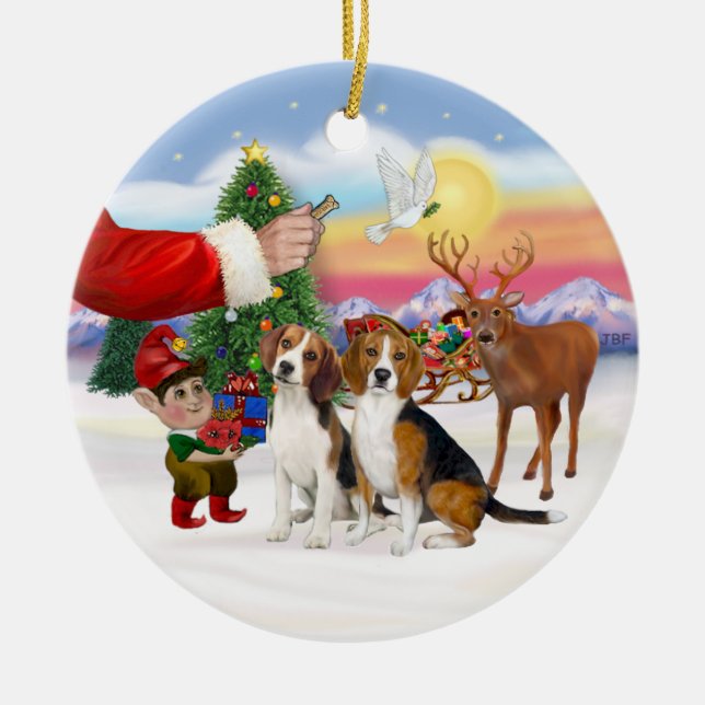Ornement Rond En Céramique Traite pour deux Beagles (Devant)