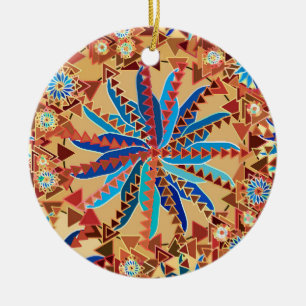 Ornement Rond En Céramique Tribal Mandala Print, Camel Tan et Denim Blue