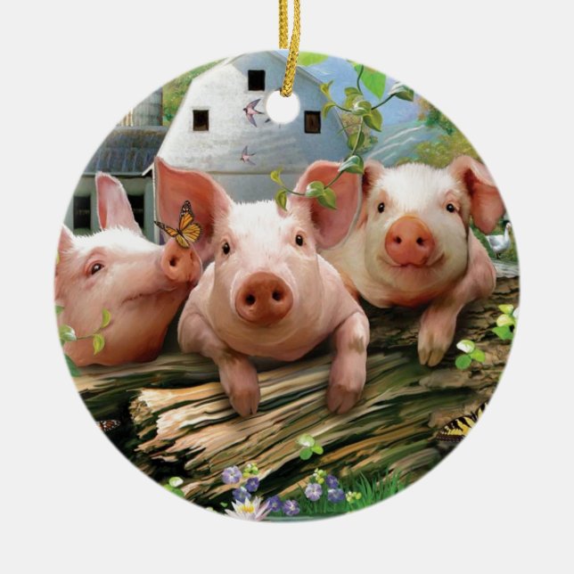Ornement Rond En Céramique Trois petits cochons (Devant)