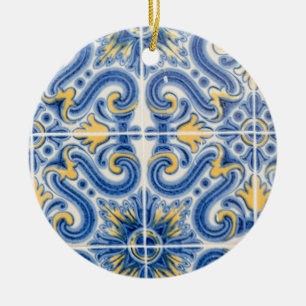 Ornement Rond En Céramique Tuiles bleues et jaunes, Portugal