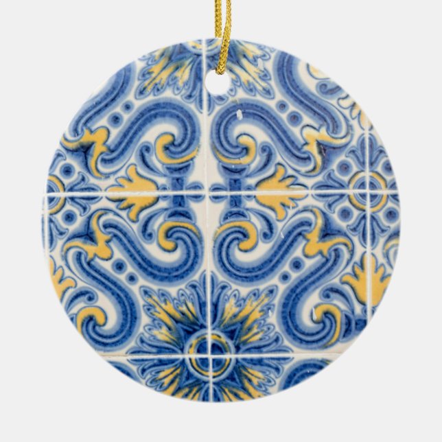 Ornement Rond En Céramique Tuiles bleues et jaunes, Portugal (Devant)