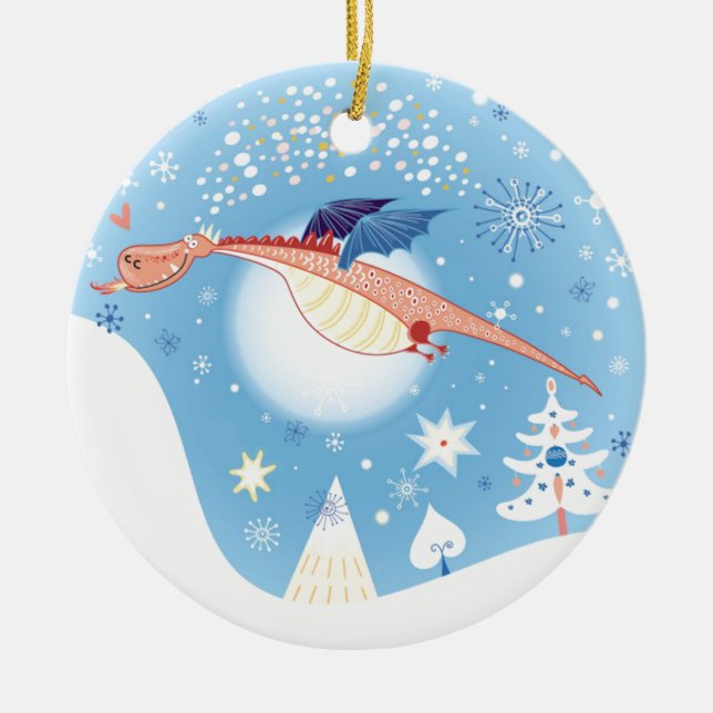 Ornement Rond En Céramique Un dragon de Noël (Devant)