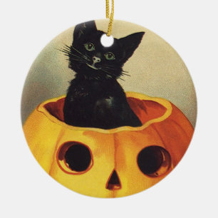 Ornement Rond En Céramique Une joyeuse Halloween par Ellen Clapsaddle, Chat V