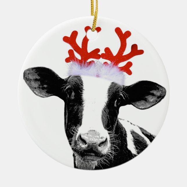 Ornement Rond En Céramique Vache avec Antlers de rennes (Devant)