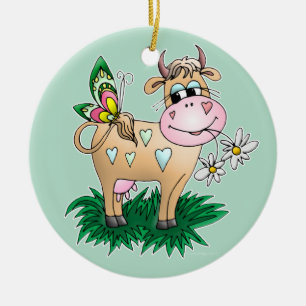Ornement Rond En Céramique Vache et papillon mignons