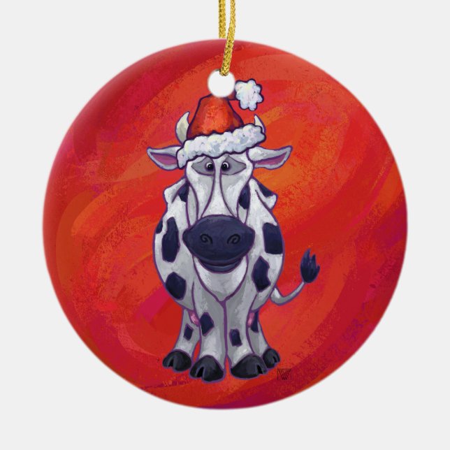 Ornement Rond En Céramique Vache festive à Santa Hat sur rouge (Devant)