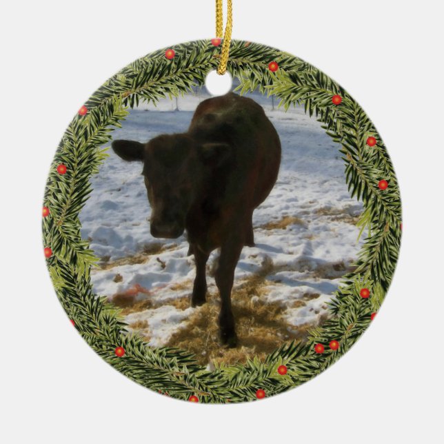 Ornement Rond En Céramique Veau de Noël (Devant)