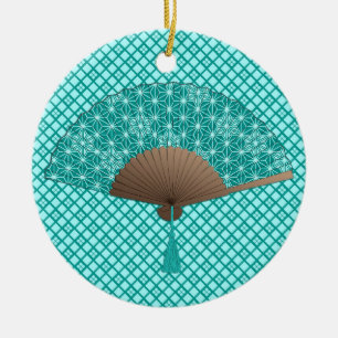 Ornement Rond En Céramique Ventilateur japonais en Asanoha motif, Turquoise