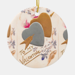 Ornement Rond En Céramique Vintage Silver & Gold Hearts Valentine Postcard