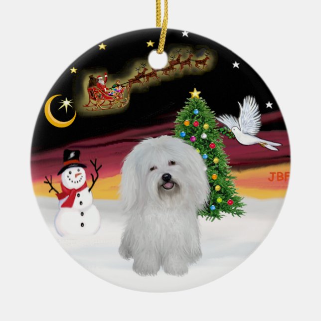 Ornement Rond En Céramique Vol de nuit - Coton de Tulear (Devant)