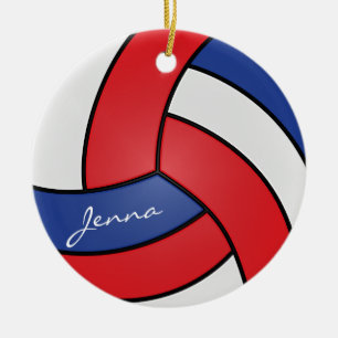 Ornement Rond En Céramique Volley-ball rouge, blanc et bleu   Nom do-it-yours