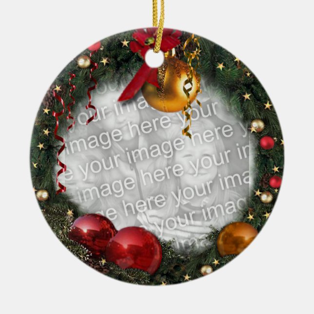 Ornement Rond En Céramique Votre photo dans une couronne de Noël (Devant)
