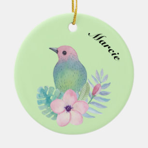 Ornement Rond En Céramique Watercolor Bird and Flower