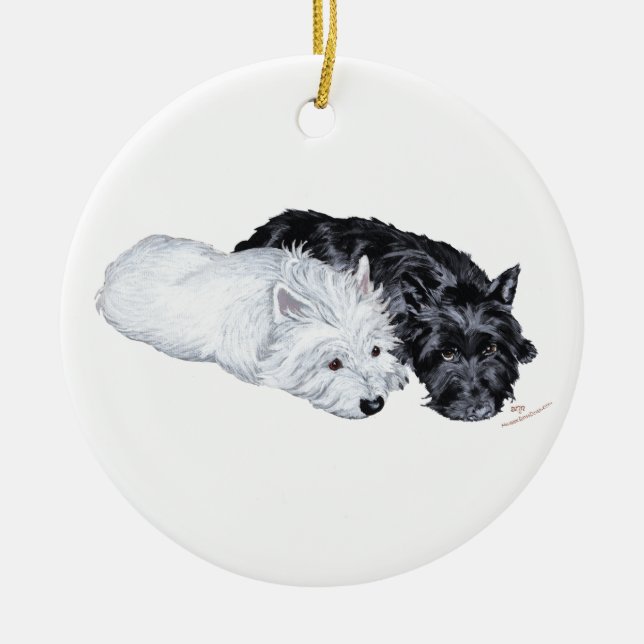 Ornement Rond En Céramique Westie & Scottie at Ease (Devant)
