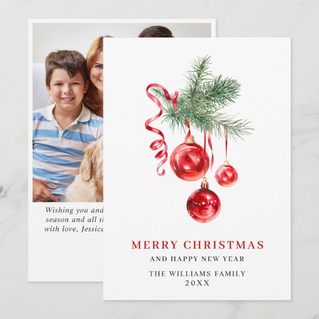 Ornement Rouge Élégant Carte de Vœux de Noël PHOTO (Devant / Derrière)
