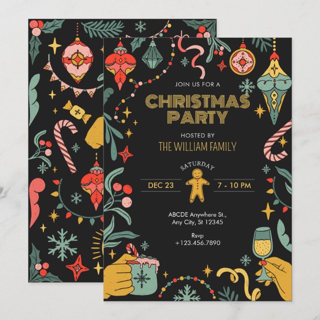 Ornements de Noël noir Invitation (Devant / Derrière)