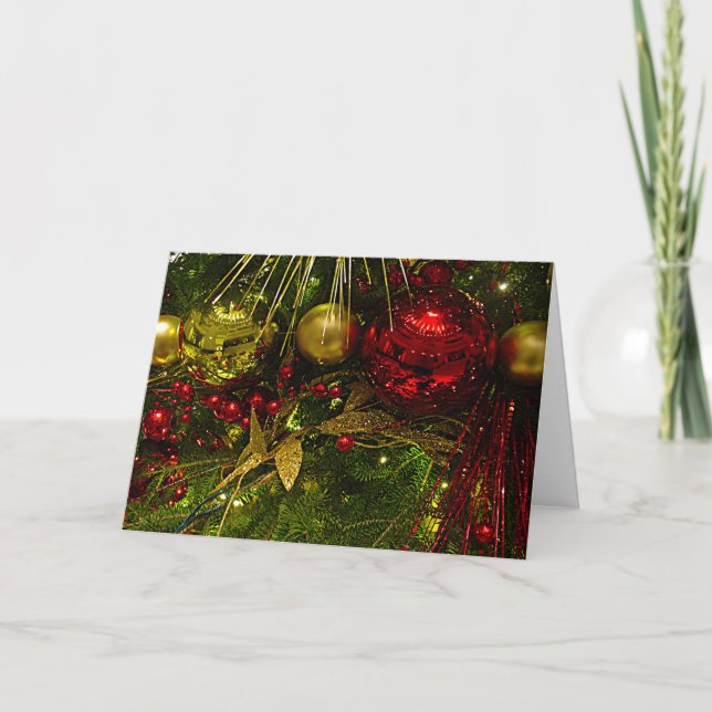 Ornements de Noël rouge et or sur la carte d'arbre (Devant)