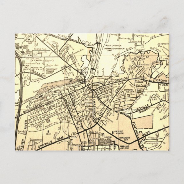 Oroville, CA Vintage Map Postcard (Front)