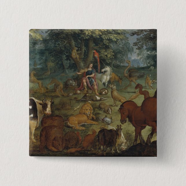 Orpheus Charming the Beasts (oil on panel) 2 Inch Square Button (Front)