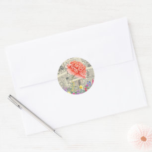 Orrange Flowers, Watercolor, Old Newspapers Classic Round Sticker