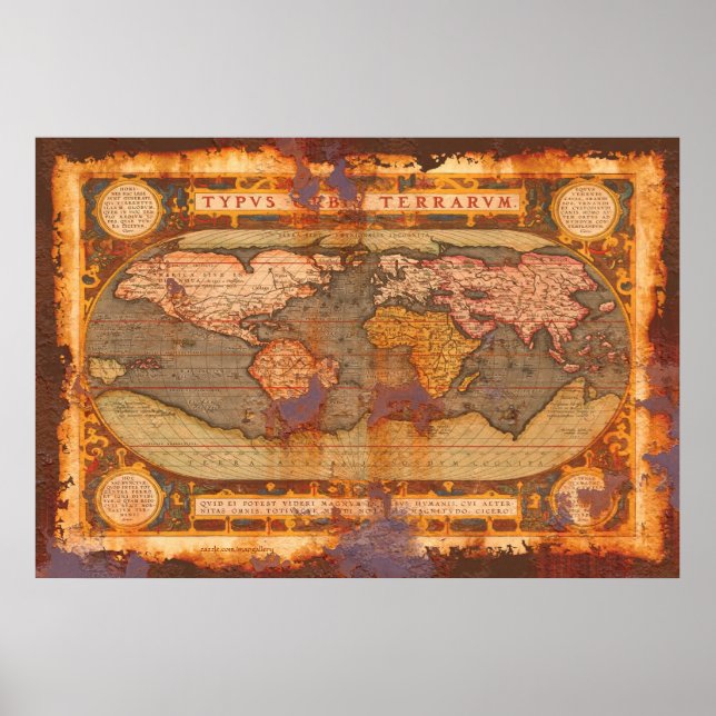 Ortelius' Old World Map in Rusty Grunge Style Poster (Front)