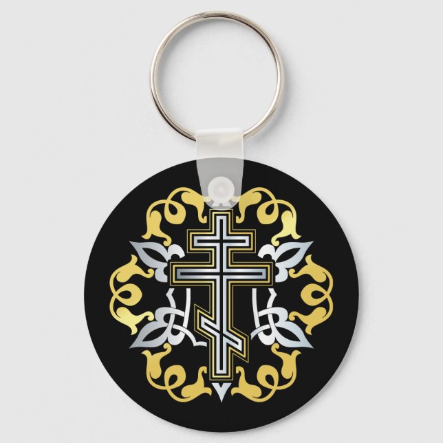 Orthodox Cross Gold With Ornaments Keychain (Front)
