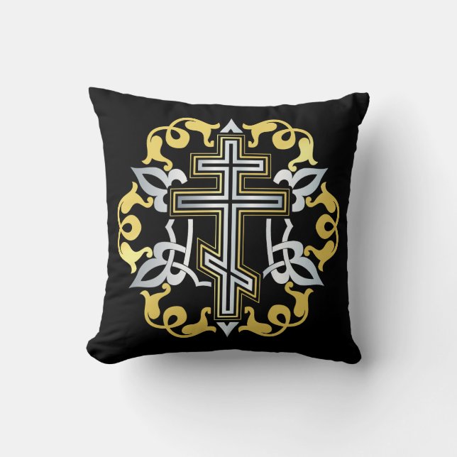 Orthodox Cross Gold With Ornaments Throw Pillow (Front)