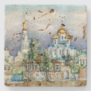 Orthodox Small city Zadonsk aquarelle Stone Coaster