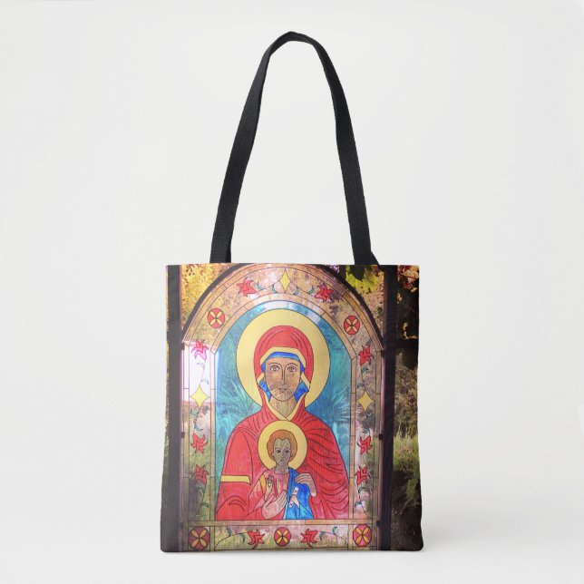Orthodox Stained Glass Mother Mary, Jesus  Tote Bag (Front)