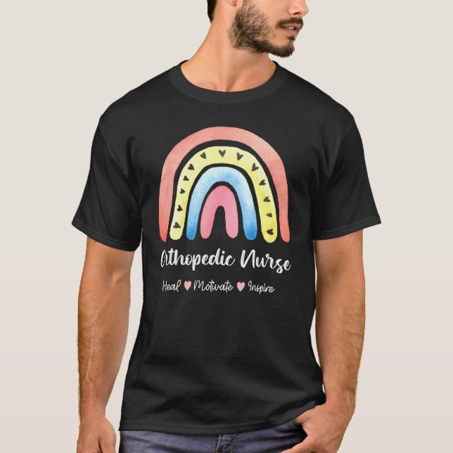Orthopedic Nurse Heal Motivate Inspire Boho Rainbo T-Shirt (Front)