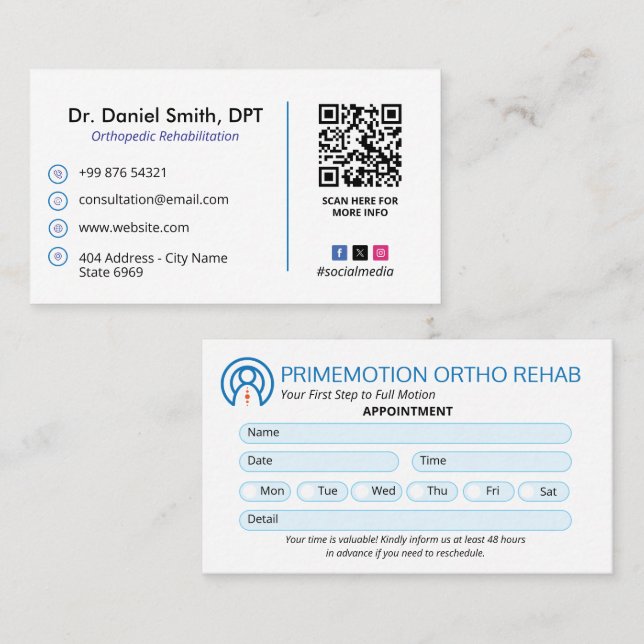 Orthopedic Rehabilitation Business | Appointment  Business Card (Front/Back)