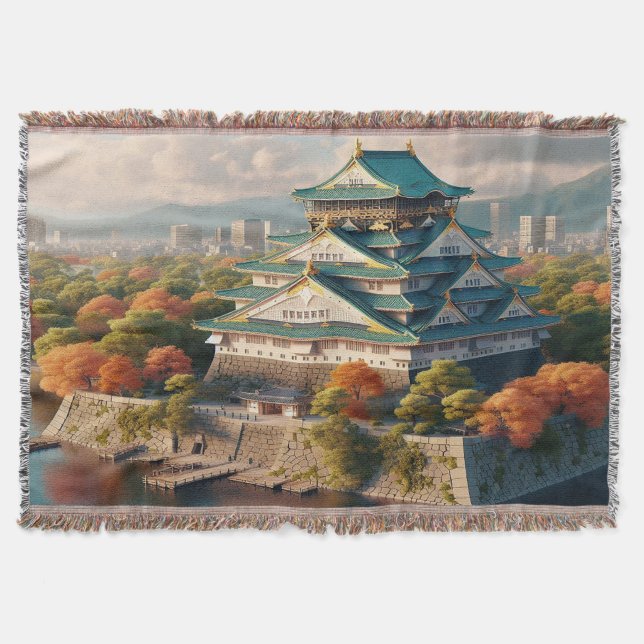 Osaka Castle Japan Landscape Vintage Travel Throw Blanket (Front)