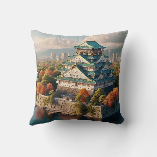 Osaka Castle Japan Landscape Vintage Travel Throw Pillow (Back)