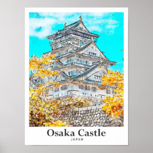 Osaka Castle Japan Travel Watercolor Hand Drawn Poster