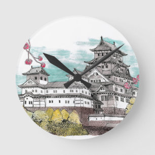 Osaka Castle Japan Watercolor Illustration Round Clock