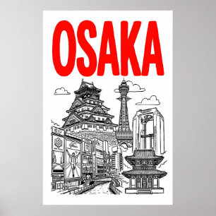 Osaka City Print Bold Typography and Landmark Line