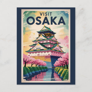 Osaka Japan Castle Illustration Travel Art Vintage Postcard