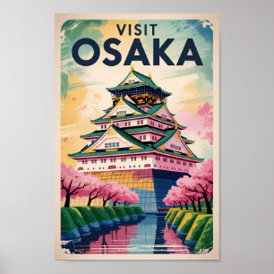 Osaka Japan Castle Illustration Travel Art Vintage Poster