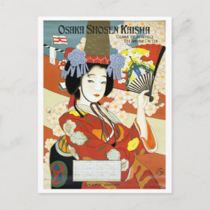 Osaka, Japan, geisha with fan, vintage travel Postcard